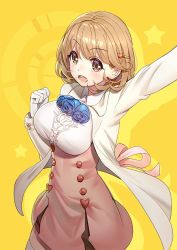 Rule 34 | 10s, 1girl, alternate breast size, breasts, brown eyes, brown hair, flower, framed breasts, gloves, hair ornament, hairclip, large breasts, narusawa ryouka, occultic;nine, open mouth, ririko (zhuoyandesailaer), solo