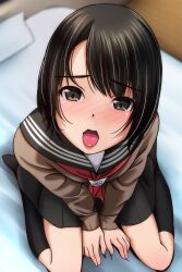 Rule 34 | 1girl, absurdres, bed, between legs, black hair, black sailor collar, black skirt, black socks, blurry, blurry background, blush, brown eyes, brown shirt, depth of field, from above, hand between legs, highres, indoors, kneehighs, looking at viewer, looking up, matsunaga kouyou, no shoes, nose blush, on bed, open mouth, original, pillow, pleated skirt, sailor collar, shirt, sitting, skirt, socks, solo, tongue, tongue out, wariza