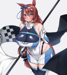 Rule 34 | 1girl, absurdres, alternate costume, animal ears, black thighhighs, blue eyes, blue ribbon, brown hair, covered navel, gloves, grey background, hair between eyes, hair ribbon, highres, horse ears, horse girl, horse tail, kshimu, long hair, looking at viewer, partially fingerless gloves, race queen, ribbon, simple background, solo, super creek (umamusume), tail, thighhighs, umamusume, white gloves