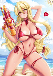 Rule 34 | 1girl, armpits, bare shoulders, barefoot, beach, bikini, blonde hair, breasts, cameltoe, collarbone, covered erect nipples, day, feet, gluteal fold, heart, highres, highschool of the dead, huge breasts, kneeling, long hair, looking at viewer, marikawa shizuka, nail polish, ocean, open mouth, outdoors, red bikini, red nails, sevie, skindentation, solo, sweat, swimsuit, tan, toes, water gun, yellow eyes
