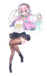 Rule 34 | 1girl, blush, boots, breasts, cleavage, clothes lift, cross-laced footwear, headphones, high heel boots, high heels, jacket, jacket lift, jewelry, lace-up boots, large breasts, long hair, looking at viewer, miniskirt, necklace, nitroplus, open mouth, pink eyes, pink hair, skirt, smile, solo, super sonico, thighhighs, tsuji santa, virtual youtuber