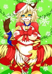 Rule 34 | 1girl, blue eyes, breasts, christmas, furry, furry female, highres, megane inu, nipples, penis, pussy, solo, tiger, uncensored, white hair