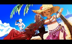 Rule 34 | 1boy, 2girls, arm up, armlet, warrior of light (ff14), bad id, bad pixiv id, beach, beach chair, beer mug, belly, bikini, blonde hair, blue sky, bottle, breasts, cup, dancing, dark-skinned male, dark skin, day, drink, drinking, drinking glass, drinking straw, dutch angle, elbow rest, elezen, elf, eyewear on head, final fantasy, final fantasy xiv, flat chest, hand on own hip, hands up, hat, head rest, height difference, holding, holding cup, horizon, ice, ice cube, jewelry, lalafell, letterboxed, long hair, looking at another, lying, mug, multicolored hair, multiple girls, navel, necklace, ocean, on back, open mouth, outdoors, pale skin, palm tree, pectorals, pointy ears, roegadyn, rosa (hoshino), sand, sarong, shade, short hair, sidelocks, sky, smile, stomach, straw hat, streaked hair, swimsuit, table, toned, toned male, topless male, tree, two-tone hair, water, wooden cup