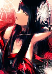 Rule 34 | 1girl, bare shoulders, black hair, black kimono, blunt bangs, breasts, cleavage, collarbone, commentary request, detached collar, eyeliner, final fantasy, final fantasy xiv, floral background, flower, from side, hair flower, hair ornament, highres, holding, holding smoking pipe, hyur, japanese clothes, kimono, lace collar, lips, long hair, looking at viewer, makeup, medium breasts, mole, mole under mouth, nail polish, off shoulder, parted lips, portrait, profile, red eyeliner, red flower, red nails, sidelocks, smoking pipe, solo, spider lily, straight hair, unf (unotfound 404), white flower, yellow eyes, yotsuyu goe brutus