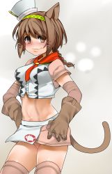 Rule 34 | :3, animal ears, blush, body markings, braid, brown eyes, brown hair, cat ears, cat tail, elbow gloves, gloves, grey background, hairband, hands on own hip, hands on own hips, hat, highres, kochiya (gothope), leather, leather gloves, midriff, monster hunter, monster hunter (series), monster hunter x, monster hunter xx, navel, paw print, shirt, short hair, skirt, smile, solo, tail