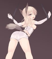 Rule 34 | 1girl, animal ears, ass, bad id, bad pixiv id, bdsm, blonde hair, blue eyes, blush, bondage, bound, breasts, corset, crotch zipper, eila ilmatar juutilainen, elbow gloves, fang, fox ears, fox tail, from behind, gloves, gradient background, kneepits, long hair, looking back, nipples, okayu (headless), open mouth, restrained, shorts, solo, strike witches, tail, white gloves, world witches series, zipper