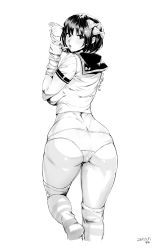 Rule 34 | 1girl, ass, bow, breasts, dated, greyscale, hair bow, highres, impossible clothes, impossible shirt, large breasts, looking at viewer, monochrome, original, orushibu, parted lips, school uniform, serafuku, shirt, short hair, simple background, skindentation, socks, solo, thick thighs, thighs, white background