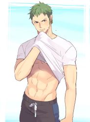 Rule 34 | 1boy, abs, brown hair, clothes lift, earrings, green hair, hungry days, jewelry, lifting own clothes, looking at viewer, male focus, one piece, pants, roronoa zoro, shironegi zzz, shirt, shirt lift, solo, sweatpants, t-shirt, white shirt