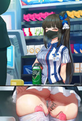 Rule 34 | 1girl, absurdres, ass, barcode scanner, blush, body writing, can, cash register, cashier, censored, closed eyes, condom box, convenience store, counter, daydream (zhdkffk21), employee uniform, from below, hair ornament, high ponytail, highres, id card, long hair, mask, miniskirt, mosaic censoring, mouth mask, name tag, no panties, object insertion, original, pleated skirt, pussy, pussy juice, sex toy, shelf, shirt, shop, short sleeves, side ponytail, skirt, smile, standing, store clerk, striped clothes, striped shirt, tally, thighhighs, thighs, uniform, vaginal, vaginal object insertion, vertical-striped clothes, vertical-striped shirt, vibrator, vibrator in thighhighs, vibrator under clothes, white thighhighs