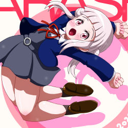 Rule 34 | 1girl, :o, arashi chisato, artist name, artist request, bare legs, belt, black socks, blue cardigan, blue jacket, blush, bow, bowtie, breasts, brown footwear, buttons, cardigan, collared shirt, cropped jacket, double bun, dress, dress shirt, female focus, floating hair, full body, grey belt, grey shirt, grey skirt, hair bun, hair tie, hands up, highres, jacket, jumping, long hair, long sleeves, looking at viewer, love live!, love live! superstar!!, miniskirt, nail, nail polish, neck ribbon, o-ring, o-ring belt, parted lips, pink eyes, pink nails, plaid, plaid skirt, pleated, pleated skirt, red bow, red eyes, red ribbon, ribbon, school uniform, shirt, shoes, skirt, small breasts, smile, socks, solo, twintails, wavy hair, white background, white hair, white shirt, wing collar, yuigaoka school uniform