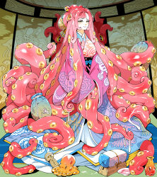 1girl black_kimono blue_sash blush breasts colored_skin commentary_request cup extra_eyes footstool full_body highres horizontal_pupils japanese_clothes jar kafun kimono looking_at_viewer medium_breasts monster_girl multicolored_clothes multicolored_skin original pale_skin paper_wall pink_kimono pink_liquid pink_skin red_skin robe sash saucer scylla slime_(substance) smile solo tentacle_girl tentacle_hair tentacles white_kimono white_robe yellow_eyes yellow_skin