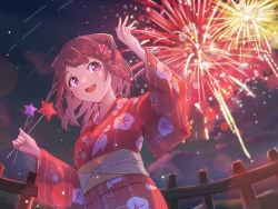 Rule 34 | 1girl, bang dream!, brown hair, fence, fireworks, fisheye, floral print, flower, from below, hair flower, hair ornament, hand up, highres, japanese clothes, kimono, medium hair, morning glory print, negoma54, night, open mouth, purple eyes, shooting star, sky, smile, solo, star (sky), starry sky, teeth, toyama kasumi, two side up, upper teeth only, yukata