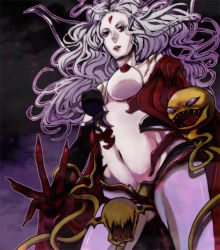 Rule 34 | 1990s (style), 1girl, bad id, bad pixiv id, breasts, cloud of darkness, dissidia final fantasy, covered erect nipples, final fantasy, final fantasy iii, large breasts, long hair, navel, pale skin, red eyes, revealing clothes, senbe (motimotio), silver hair, solo