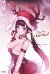 Rule 34 | 1girl, absurdres, antlers, arm behind head, arm up, artist name, bad id, bad pixiv id, bare shoulders, bell, blue eyes, blush, breasts, brown hair, cleavage, collar, dress, english text, fur trim, grin, hat, highres, horns, large breasts, neck bell, original, pointy ears, red dress, reindeer antlers, santa costume, santa hat, shale, sleeveless, sleeveless dress, smile, solo, twintails, watermark