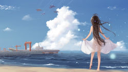 Rule 34 | 1girl, aircraft, airplane, barefoot, beach, brown hair, cloud, commentary request, contrail, day, dock, dress, ericsakura, fighter jet, from behind, jet, long hair, military, military vehicle, no panties, original, outdoors, scenery, see-through, see-through silhouette, ship, skirt hold, sky, sleeveless, sleeveless dress, solo, standing, sundress, water, watercraft, waves, white dress, wind