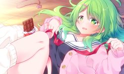 Rule 34 | 1girl, arms up, between legs, blush, candy, cardigan, chocolate, chocolate bar, commentary request, feet out of frame, food, green eyes, green hair, hair ornament, hairclip, highres, holding, holding chocolate, holding food, jewelry, unworn jewelry, komo da, leg lift, legs together, long hair, long sleeves, looking at viewer, lying, morinaka kazaki, neckerchief, necklace, unworn necklace, nijisanji, on back, on floor, open cardigan, open clothes, open mouth, pink cardigan, red neckerchief, sailor collar, school uniform, serafuku, solo, tile floor, tiles, untying, valentine, very long hair, virtual youtuber, white legwear, white sailor collar