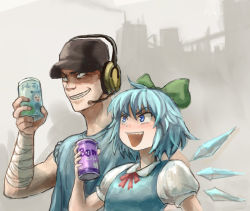 Rule 34 | 1boy, 1girl, bandaged arm, bandages, baseball cap, blu scout (tf2), blue dress, blue eyes, blue hair, bow, bowtie, brown hair, can, cirno, crossover, dress, drink, evil grin, evil smile, fairy, grin, hair ornament, hair ribbon, hat, headset, ice, ice wings, omaesan (camp-192), open mouth, parody, puffy sleeves, ribbon, scout (tf2), shirt, short hair, short sleeves, smile, t-shirt, team fortress 2, teeth, touhou, trait connection, vest, wings