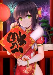 Rule 34 | 1girl, absurdres, ahoge, artist name, bad id, bad pixiv id, blush, bonsai, bow, bracelet, china dress, chinese clothes, chinese new year, closed mouth, commentary, dated, dress, fingernails, fireworks, floral print, fur, green eyes, green nails, hair bow, highres, holding, jewelry, lantern, long fingernails, long hair, mole, mole under eye, nail polish, night, night sky, original, outdoors, paper lantern, pelvic curtain, plant, potted plant, purple hair, red bow, red dress, short sleeves, sky, smile, solo, taitai, upper body
