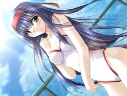 Rule 34 | 1girl, amaterasu (izumo), blue hair, blush, bow, breasts, cleavage, game cg, green eyes, hair bow, hairband, izumo, legs, long hair, looking at viewer, medium breasts, one-piece swimsuit, parted lips, solo, swimsuit, thighs