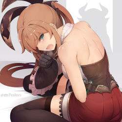 Rule 34 | 10s, 1girl, aqua eyes, back, bare shoulders, black thighhighs, blush, breasts, breath, brown hair, clarisse (granblue fantasy), frilled gloves, frills, gloves, granblue fantasy, hair ribbon, horns, long hair, looking at viewer, looking back, open mouth, pleated skirt, pointy ears, ponytail, red skirt, ribbon, shadow, sitting, skirt, solo, sts, thighhighs, twitter username, vial, wariza, zettai ryouiki