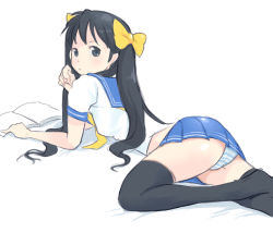 Rule 34 | 00s, 1girl, alternate hair color, ass, black eyes, black hair, book, bow, female focus, food, hair bow, hair ornament, highres, hiiragi kagami, looking back, lucky star, lying, okera, open book, panties, plaid, pleated skirt, reading, school uniform, serafuku, skirt, solo, striped clothes, striped panties, thighhighs, twintails, underwear, white background