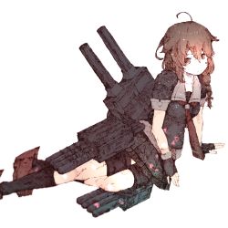 Rule 34 | 10s, 1girl, ahoge, arm support, black gloves, blurry, braid, brown eyes, brown hair, depth of field, fingerless gloves, full body, gloves, gurin33, hair flaps, kantai collection, knees, light smile, looking at viewer, rudder footwear, shigure (kancolle), shigure kai ni (kancolle), side braid, simple background, sketch, socks, solo, torpedo tubes, turret, white background