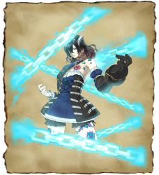 Rule 34 | 1girl, black hair, bloodstained: ritual of the night, blue eyes, brown hair, company connection, concept art, detached sleeves, gauntlets, gradient background, gradient hair, hair between eyes, hair ornament, miriam (bloodstained), multicolored hair, natsume yuji, official art, short hair, solo, stained glass