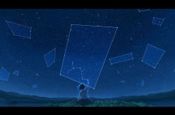 Rule 34 | 1girl, blue theme, constellation, grass, highres, letterboxed, looking away, monochrome, night, night sky, original, outdoors, pochi (poti1990), scenery, short hair, sitting, sky, solo, star (sky), starry sky
