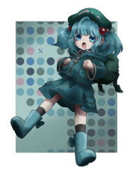 Rule 34 | 1girl, :o, backpack, bag, blue coat, blue eyes, blue hair, blue skirt, blunt bangs, boots, cabbie hat, coat, eyebrows hidden by hair, full body, hair bobbles, hair ornament, hat, highres, kawashiro nitori, legs apart, long sleeves, looking at viewer, medium hair, open mouth, petite, pocket, simple background, skirt, skirt set, solo, touhou, two side up, umebitan