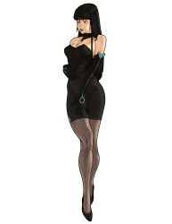 Rule 34 | 1girl, absurdres, bare shoulders, black dress, black footwear, black gloves, black hair, black lips, blunt bangs, breasts, brown pantyhose, concept art, detached collar, dress, elbow gloves, full body, gloves, high heels, highres, hime cut, lipstick, long hair, looking away, lucretia (project royale x), makeup, md5 mismatch, medium breasts, pantyhose, project royale x, purple eyes, resized, resolution mismatch, short dress, simple background, solo, source smaller, standing, strapless, strapless dress, tristion edison, upscaled, white background