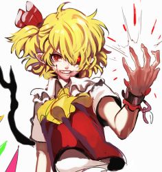 Rule 34 | 1girl, bad id, bad pixiv id, blonde hair, blood, blood on face, bow, cuffs, flandre scarlet, glowing, glowing eye, hair bow, hat, pointy ears, red eyes, rod (rod4817), shackles, short hair, solo, touhou, wavy hair, wings