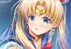 Rule 34 | 1girl, artist name, bishoujo senshi sailor moon, blonde hair, blue eyes, blush, bow, breasts, choker, cleavage, commentary request, crescent, crescent earrings, crescent moon, derivative work, earrings, hair between eyes, hair intakes, hair ornament, jewelry, long hair, looking at viewer, meme, moon, open mouth, red bow, red choker, sailor collar, sailor moon, sailor moon redraw challenge (meme), solo, staryume, tiara, tile floor, tiles, tsukino usagi, twintails