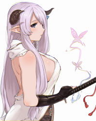 Rule 34 | 10s, 1girl, arched back, bare back, bare shoulders, belt, black gloves, blush, braid, breasts, bug, butterfly, demon horns, draph, female focus, fingerless gloves, from side, gloves, granblue fantasy, hair ornament, hair over one eye, horns, bug, katana, large breasts, long hair, looking at viewer, narmaya (granblue fantasy), pointy ears, purple eyes, purple hair, shibasaki shouji, sideboob, sidelocks, simple background, sleeveless, solo, sword, upper body, weapon, white background