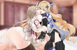 Rule 34 | 1boy, 2girls, bad id, bad pixiv id, bianka durandal ataegina, bianka durandal ataegina (valkyrie gloria), bisexual female, black ribbon, blonde hair, blue eyes, blurry, blurry background, blush, breasts, breasts out, breath, brown hair, censored, closed eyes, clothing cutout, cowgirl position, cross-section, cunnilingus, durandal (imperial regalia), earrings, eyelashes, ffm threesome, gimnang, group sex, hair ornament, hair over one eye, honkai (series), honkai impact 3rd, jewelry, kiss, large breasts, long hair, lying, multiple girls, navel, navel cutout, oral, penis, pink eyes, reverse spitroast, ribbon, rita rossweisse, rita rossweisse (artemis), rita rossweisse (maid of celestia), sex, short hair, straddling, threesome, vaginal
