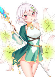 Rule 34 | 1girl, :o, absurdres, antenna hair, bad id, bad pixiv id, bare shoulders, blush, breasts, bridal gauntlets, catnnn, commentary request, detached sleeves, dress, floral background, flower, green dress, green sleeves, hair between eyes, hair flower, hair ornament, highres, holding, holding polearm, holding spear, holding staff, holding weapon, kokkoro (princess connect!), long sleeves, looking at viewer, parted lips, pointy ears, polearm, princess connect!, puffy long sleeves, puffy sleeves, red eyes, revision, see-through, see-through sleeves, short hair, silver hair, simple background, sleeveless, sleeveless dress, small breasts, solo, spear, staff, weapon, white background, white flower