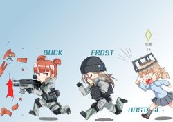 Rule 34 | 10s, 3girls, aki (girls und panzer), beanie, black footwear, black gloves, black hat, black vest, blank eyes, blue background, blue footwear, blue shirt, boots, brown hair, buck (rainbow six siege), carrying, character name, chasing, chibi, closed eyes, closed mouth, diamond (shape), elbow pads, emblem, emphasis lines, explosion, from side, frost (rainbow six siege), frown, girls und panzer, gloves, gradient background, grey jacket, grey legwear, grey pants, grey skirt, gun, hair tie, hat, highres, jacket, jitome, jtf-2, keizoku (emblem), keizoku school uniform, knee pads, kshimu, light brown hair, loafers, long hair, long sleeves, looking back, machine gun, mika (girls und panzer), mikko (girls und panzer), miniskirt, mouth hold, multiple girls, open mouth, pants, pleated skirt, rainbow six siege, red eyes, red hair, running, school uniform, shadow, sharp teeth, shirt, shoes, short hair, short twintails, skirt, smile, socks, stalk in mouth, sweatdrop, tactical clothes, tearing up, teeth, translation request, twintails, vest, weapon, weapon request