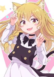 Rule 34 | 1girl, :3, ahoge, animal ear fluff, animal ears, apron, arms up, back bow, black bow, black bowtie, black choker, black vest, blonde hair, blush, blush stickers, bow, bowtie, braid, buttons, cat ears, choker, commentary request, double-breasted, fang, fingernails, frilled shirt collar, frills, hair ribbon, haruki reimari, kemonomimi mode, kirisame marisa, long hair, long sleeves, looking at viewer, no headwear, open mouth, paw pose, puffy sleeves, ribbon, sash, shirt, single braid, skin fang, solo, standing, touhou, tress ribbon, v-shaped eyebrows, vest, waist apron, white apron, white ribbon, white sash, white shirt, yellow eyes
