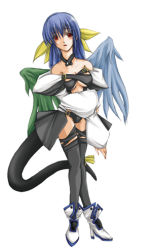 Rule 34 | 1girl, arc system works, asymmetrical wings, bad anatomy, blue hair, dizzy (guilty gear), guilty gear, lowres, poorly drawn, red eyes, ribbon, solo, tail, tail ornament, tail ribbon, thighhighs, wings