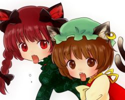 Rule 34 | 2girls, animal ears, braid, brown eyes, brown hair, cat ears, cat girl, cat tail, chen, earrings, fangs, female focus, flat chest, hat, jaw drop, jewelry, kaenbyou rin, multiple girls, multiple tails, open mouth, red eyes, red hair, ribbon, surprised, tail, tona (nekotte), touhou, twin braids