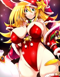 Rule 34 | 1girl, adjusting clothes, alternate costume, bare legs, bare shoulders, bell, big hair, blonde hair, blush stickers, breasts, cape, choker, christmas, christmas ornaments, closed mouth, covered erect nipples, covered navel, cowboy shot, dark magician girl, duel monster, female focus, fur trim, gift, green eyes, hair between eyes, hat, highleg, highleg leotard, jewelry, kagami mochi, large breasts, leotard, long hair, looking at viewer, magical girl, night, nipples, partially visible vulva, red thighhighs, sack, santa hat, shiny skin, skirt, sky, smile, solo, star (symbol), thighhighs, tsukasawa takamatsu, vambraces, wizard hat, yu-gi-oh!