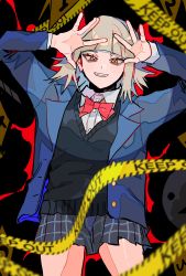 Rule 34 | 1girl, arms up, bags under eyes, black cardigan, blazer, blood, blunt bangs, blush, boku no hero academia, bow, bowtie, cardigan, caution tape, collared shirt, evidence markers, fangs, hair down, highres, jacket, keep out, long sleeves, messy hair, miniskirt, plaid, plaid skirt, red bow, red bowtie, school uniform, shirt, short hair, skirt, smile, solo, toga himiko, yellow eyes, yumei (jigoku101)