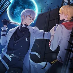 Rule 34 | 2boys, belt, belt buckle, black gloves, black pants, black vest, blonde hair, blue eyes, buckle, coat, dog tags, earrings, feathers, full moon, gloves, highres, holding, holding knife, holding person, jacket, jewelry, knife, love and producer, moon, multiple boys, night, night sky, open mouth, pants, short hair, sky, teeth, vest, white coat, white hair, white jacket, wooooo (826378146), zhou quiluo