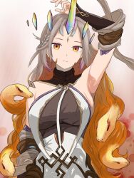Rule 34 | 1girl, breasts, broken halo, fire emblem, fire emblem heroes, gullveig (fire emblem), gullveig (seer beyond time) (fire emblem), halo, highres, large breasts, long hair, looking at viewer, matchanosuke fe, medium breasts, nintendo, oni horn, orange eyes, serious, sideboob, snake, solo, spikes, tagme