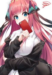Rule 34 | 1girl, black sweater, blue eyes, blunt bangs, breasts, collared shirt, commentary request, covering own mouth, dress shirt, go-toubun no hanayome, hair ornament, hair ribbon, highres, holding, holding phone, kurokuro illust, large breasts, long hair, long sleeves, looking at viewer, nakano nino, phone, pink hair, red hair, ribbon, school uniform, shirt, solo, sweater, uniform, white shirt