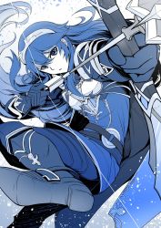 Rule 34 | 1girl, aiming, armor, arrow (projectile), blue theme, bow (weapon), cape, fire emblem, fire emblem awakening, fire emblem heroes, gloves, highres, holding, holding weapon, jewelry, long hair, looking at viewer, lucina (fire emblem), monochrome, nakabayashi zun, nintendo, parted lips, solo, tiara, weapon