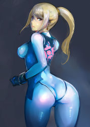 Rule 34 | 1girl, ass, black background, blonde hair, blue bodysuit, blue eyes, bodysuit, bracelet, breasts, clenched hand, closed mouth, covered erect nipples, cowboy shot, emblem, from behind, from side, gloves, grey background, hair between eyes, hair tie, high ponytail, highres, impossible clothes, jewelry, johan (johan13), legs apart, lips, long hair, looking at viewer, looking back, medium breasts, metroid, nintendo, nose, ponytail, samus aran, serious, sidelocks, simple background, sketch, skin tight, solo, standing, super smash bros., swept bangs, thighs, turtleneck, zero suit