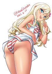 Rule 34 | 1girl, absurdres, ass, blonde hair, cowboy shot, dated, dress, from behind, grecale (kancolle), green eyes, highres, kantai collection, katou shinobu, long hair, looking at viewer, looking back, low-cut armhole, neckerchief, one-hour drawing challenge, panties, sailor collar, sailor dress, side-tie dress, simple background, sleeveless, sleeveless dress, solo, striped clothes, striped neckerchief, striped panties, tan, twitter username, underwear, waving, wavy hair, white dress, white sailor collar