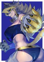 Rule 34 | &gt;:), 10s, 1girl, akame ga kill!, animal ears, armpits, ass, bad id, bad pixiv id, bare shoulders, black panties, blonde hair, breasts, chaps, claws, cowboy shot, detached sleeves, fangs, foreshortening, from behind, grin, highres, large breasts, leone (akame ga kill!), lion ears, lion tail, long hair, looking at viewer, looking back, mingah, panties, scarf, shaded face, sidelocks, slit pupils, smile, solo, spiked hair, strapless, tail, tsurime, tube top, underwear, v-shaped eyebrows, white scarf, yellow eyes