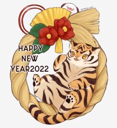 Rule 34 | 2022, 7mb yut, :p, animal, animal focus, artist name, commentary, facial hair, flower, happy new year, horns, league of legends, mustache, new year, no humans, poro (league of legends), rope, simple background, tassel, tiger, toes, tongue, tongue out, white background, yellow eyes