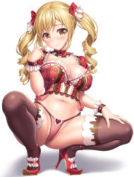 Rule 34 | 1girl, absurdres, bang dream!, blonde hair, blush, bow, breasts, buttons, cleavage, closed mouth, collarbone, covered erect nipples, crop top, detached collar, eyelashes, fingernails, frills, groin, hair between eyes, hair bow, hair ornament, twirling hair, hand on lap, hand up, high heels, highleg, highleg panties, highres, ichigaya arisa, lambda (kusowarota), large breasts, legs apart, long fingernails, long hair, looking at viewer, nail polish, navel, panties, pink nails, pink panties, red bow, red footwear, shiny skin, short sleeves, sidelocks, simple background, smile, solo, squatting, stomach, string panties, twintails, underwear, white background, wrist cuffs, yellow eyes
